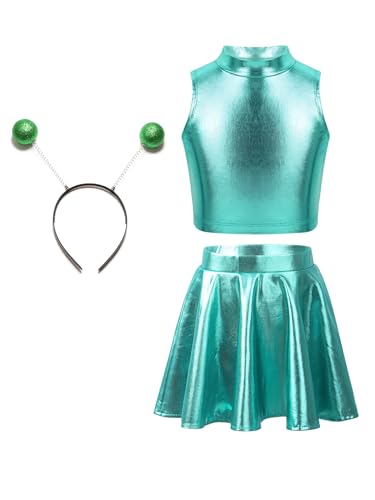 MSemis Alien Kostüm Set für Mädchen 3 Stück Metallic Ärmellos Crop Top mit Minirock Haarreif Halloween Party Clubwear blauer See 158-164 von MSemis