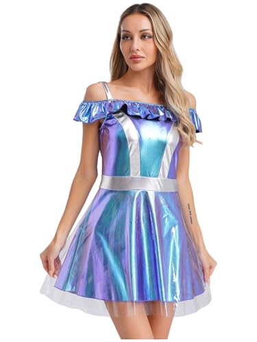 MSemis Alien-Kostüm für Damen Glänzend Astronaut Kurz Faltenkleid Schulterfrei Skater Rock A-line Holograpfisch Disco Nachtclub für Halloween Weihnachten Karneval Blau M von MSemis