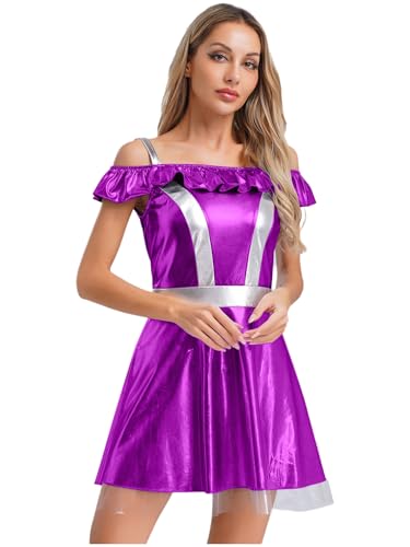 MSemis Alien-Kostüm für Damen Glänzend Astronaut Kurz Faltenkleid Schulterfrei Skater Rock A-line Holograpfisch Disco Nachtclub für Halloween Weihnachten Karneval Violett L von MSemis