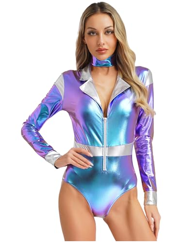MSemis Alien Kostüm für Damen Metallic Body Astronauten Holographische Bodysuit Langarm Glänzend Bodysuit Umlegekragen Kostüm Rave Party Halloween Karneval Blau S von MSemis