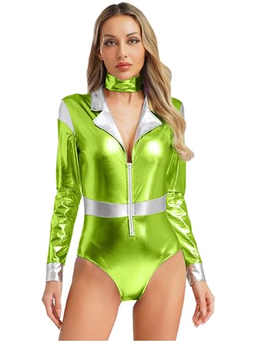 MSemis Alien Kostüm für Damen Metallic Body Astronauten Holographische Bodysuit Langarm Glänzend Bodysuit Umlegekragen Kostüm Rave Party Halloween Karneval Leuchtendes Grün XXL von MSemis