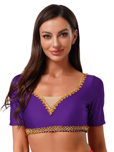 MSemis Bauchtanz Crop Top Damen Kurzarm Bluse Gold Trim V-Ausschnitt Tanzshirt Indien Kurz Oberteile Dancewear Violett S MSemis Bauchtanz Crop Top Damen Kurzarm Bluse Gold Trim V-Ausschnitt Tanzshirt Indien Kurz Oberteile Dancewear Violett S von MSemis