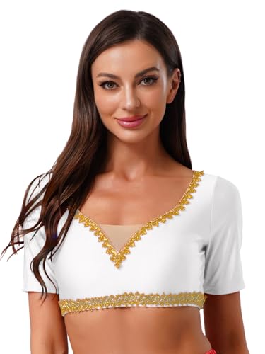 MSemis Bauchtanz Crop Top Damen Kurzarm Bluse Gold Trim V-Ausschnitt Tanzshirt Indien Kurz Oberteile Dancewear Weiß M von MSemis