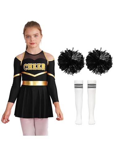 MSemis Cheer-Leader Kostüm Kinder Mädch Cheerleadingkleid mit PompomsSocken für Karneval Party Faschingskostüme Halloween Dress Up Ein Weiß&Schwarz 158-164 von MSemis