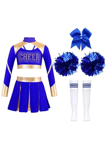 MSemis Cheer-leader Kostüm Kinder Glänzend Strass Crop Top und Faltenrock Zubehör Mädchen Cheerleading Uniform Set Blau 170-176 von MSemis