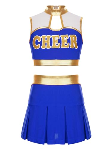 MSemis Cheer leader Kostüm Kinder Mädchen Cheerleading Uniform Cheerleadingkleid/Ärmellos Crop Top mit Minirock Halloween Tanzkostüm I Königsblau 170-176 von MSemis