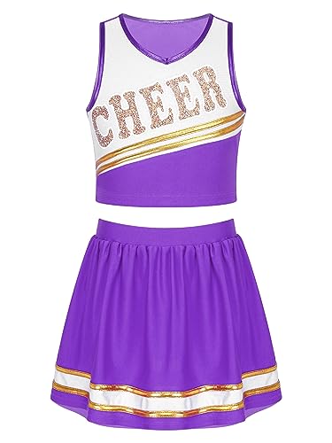 MSemis Cheer leader Kostüm Kinder Mädchen Cheerleading Uniform Cheerleadingkleid/Ärmellos Crop Top mit Minirock Halloween Tanzkostüm T Violett 134-140 MSemis Cheer leader Kostüm Kinder Mädchen Cheerleading Uniform Cheerleadingkleid/Ärmellos Crop Top mit Minirock Halloween Tanzkostüm T Violett 134-140 von MSemis