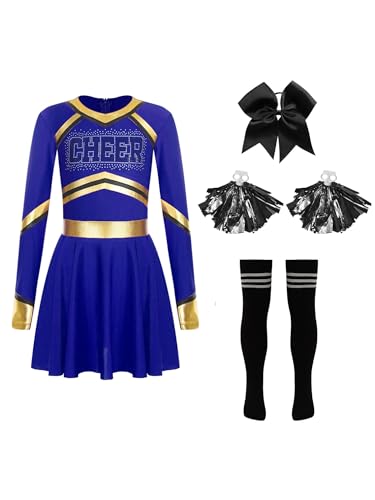 MSemis Cheer-leader Kostüm Kinder Mädchen Glittery Strass Langarm Cheerleading Uniform TanzKleid mit Zubehör für Karneval Blau 170 MSemis Cheer-leader Kostüm Kinder Mädchen Glittery Strass Langarm Cheerleading Uniform TanzKleid mit Zubehör für Karneval Blau 170 von MSemis