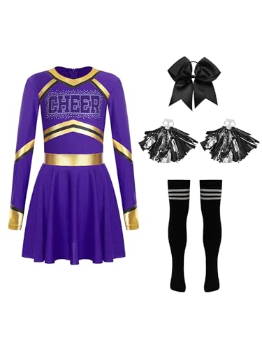 MSemis Cheer-leader Kostüm Kinder Mädchen Glittery Strass Langarm Cheerleading Uniform TanzKleid mit Zubehör für Karneval Dunkellila und Schwarz 170 MSemis Cheer-leader Kostüm Kinder Mädchen Glittery Strass Langarm Cheerleading Uniform TanzKleid mit Zubehör für Karneval Dunkellila und Schwarz 170 von MSemis