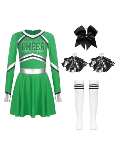MSemis Cheer-leader Kostüm Kinder Mädchen Glittery Strass Langarm Cheerleading Uniform TanzKleid mit Zubehör für Karneval Grün 110-116 MSemis Cheer-leader Kostüm Kinder Mädchen Glittery Strass Langarm Cheerleading Uniform TanzKleid mit Zubehör für Karneval Grün 110-116 von MSemis