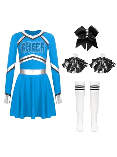 MSemis Cheer-leader Kostüm Kinder Mädchen Glittery Strass Langarm Cheerleading Uniform TanzKleid mit Zubehör für Karneval Hellblau 170 MSemis Cheer-leader Kostüm Kinder Mädchen Glittery Strass Langarm Cheerleading Uniform TanzKleid mit Zubehör für Karneval Hellblau 170 von MSemis