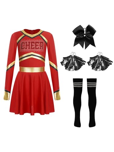 MSemis Cheer-leader Kostüm Kinder Mädchen Glittery Strass Langarm Cheerleading Uniform TanzKleid mit Zubehör für Karneval Rot 158-164 MSemis Cheer-leader Kostüm Kinder Mädchen Glittery Strass Langarm Cheerleading Uniform TanzKleid mit Zubehör für Karneval Rot 158-164 von MSemis