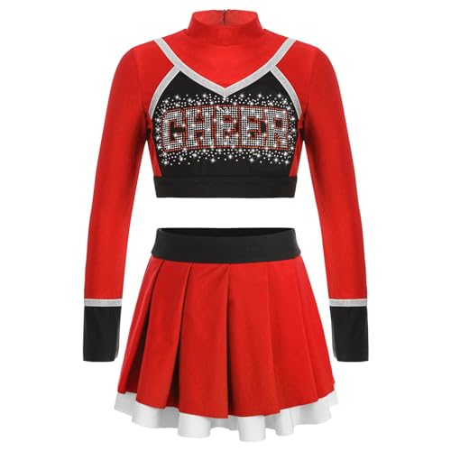 MSemis Cheerleading Outfit Kostüm Mädchen Cheer-leader Uniform Langarm Top +Minirock Karneval Fasching Halloween Kostüm Rot 110-116 von MSemis
