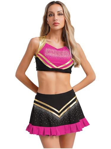 MSemis Cheerleading-Outfit für Damen Kostüm Kleid Minirock mit Crop Top Uniform Karneval Fasching Party Halloween Hot Pink XL von MSemis