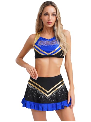MSemis Cheerleading-Outfit für Damen Kostüm Kleid Minirock mit Crop Top Uniform Karneval Fasching Party Halloween Königsblau L von MSemis