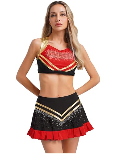 MSemis Cheerleading-Outfit für Damen Kostüm Kleid Minirock mit Crop Top Uniform Karneval Fasching Party Halloween Rot XL von MSemis