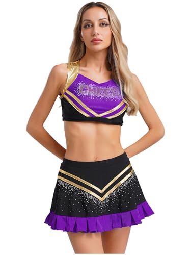 MSemis Cheerleading-Outfit für Damen Kostüm Kleid Minirock mit Crop Top Uniform Karneval Fasching Party Halloween Violett S von MSemis