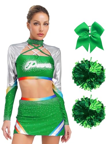 MSemis Cheerleading Uniform für Damen Langarm Pailletten Crop-Top mit Tanzrock Pompons und Haargummi mit Schleife Halloween Karneval Fasching Tanzkostüm Outfit Grün M MSemis Cheerleading Uniform für Damen Langarm Pailletten Crop-Top mit Tanzrock Pompons und Haargummi mit Schleife Halloween Karneval Fasching Tanzkostüm Outfit Grün M von MSemis