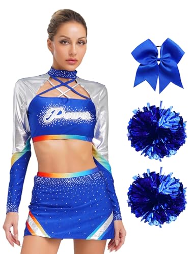 MSemis Cheerleading Uniform für Damen Langarm Pailletten Crop-Top mit Tanzrock Pompons und Haargummi mit Schleife Halloween Karneval Fasching Tanzkostüm Outfit Königsblau M von MSemis