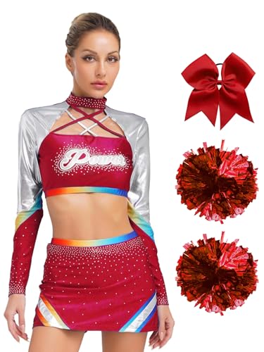 MSemis Cheerleading Uniform für Damen Langarm Pailletten Crop-Top mit Tanzrock Pompons und Haargummi mit Schleife Halloween Karneval Fasching Tanzkostüm Outfit Rot XXL von MSemis