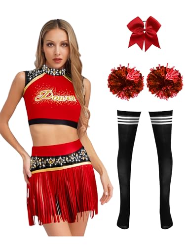 MSemis Cheerleading Uniform für Damen mit Glitzernden Strasssteinen 4-teiliger Crop Top Faltenrock Pompons Haarband Socken für Karneval Kostüm Cheer-Leader Rot XXL von MSemis