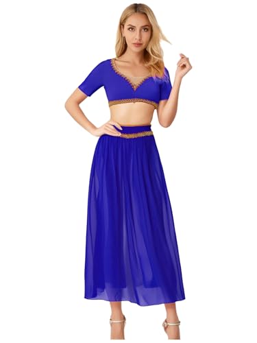 MSemis Damen 2-teiliges Bauchtanz Outfit V-Ausschnitt Crop Top und Schlitzrock für Arabische Prinzessin Königsblau S von MSemis