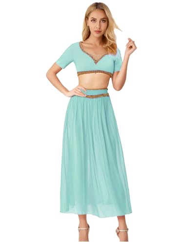 MSemis Damen 2-teiliges Bauchtanz Outfit V-Ausschnitt Crop Top und Schlitzrock für Arabische Prinzessin Minzgrün XXL MSemis Damen 2-teiliges Bauchtanz Outfit V-Ausschnitt Crop Top und Schlitzrock für Arabische Prinzessin Minzgrün XXL von MSemis
