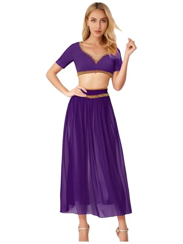 MSemis Damen 2-teiliges Bauchtanz Outfit V-Ausschnitt Crop Top und Schlitzrock für Arabische Prinzessin Violett S von MSemis