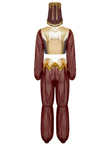 MSemis Damen 3 - Teiliges Arabisches Prinzessin Kostüm Langarm Crop Top +Hosen und Schleier Set Bauchtanz ägyptischen Tanz Outfit Rot M MSemis Damen 3 - Teiliges Arabisches Prinzessin Kostüm Langarm Crop Top +Hosen und Schleier Set Bauchtanz ägyptischen Tanz Outfit Rot M von MSemis