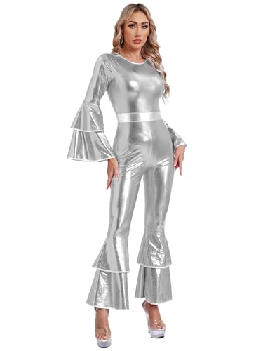 MSemis Damen 70er Disco-Lady Kostüm Langarm Glänzender Jumpsuit Einteiliger Overall Bodycon Bell Flare Hose Faschingskostüme Karneval Silber XL von MSemis