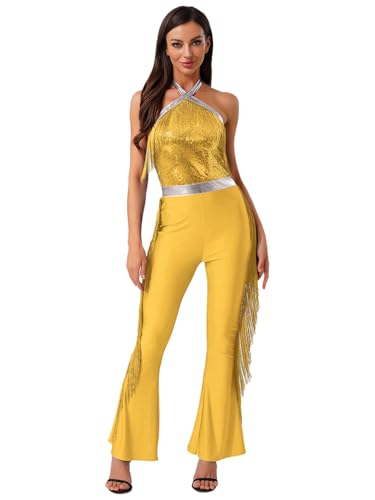 MSemis Damen 70er Jahre Disco Tassel Jumpsuit Pailletten Overall Neckholder Ausgestellte Hosen Halloween Party Faschingskostüme Gold XXL MSemis Damen 70er Jahre Disco Tassel Jumpsuit Pailletten Overall Neckholder Ausgestellte Hosen Halloween Party Faschingskostüme Gold XXL von MSemis