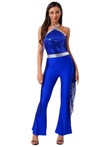 MSemis Damen 70er Jahre Disco Tassel Jumpsuit Pailletten Overall Neckholder Ausgestellte Hosen Halloween Party Faschingskostüme Königsblau XXL von MSemis