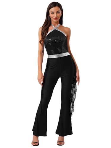 MSemis Damen 70er Jahre Disco Tassel Jumpsuit Pailletten Overall Neckholder Ausgestellte Hosen Halloween Party Faschingskostüme Schwarz L von MSemis