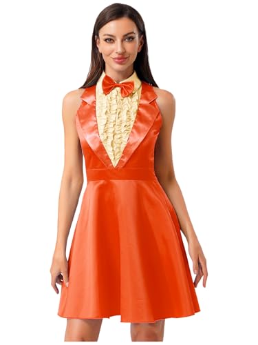 MSemis Damen 80er 90er Halloween Kleid Neckholder Minikleid A-line Kurzes Partykleid für Karneval Orange L von MSemis