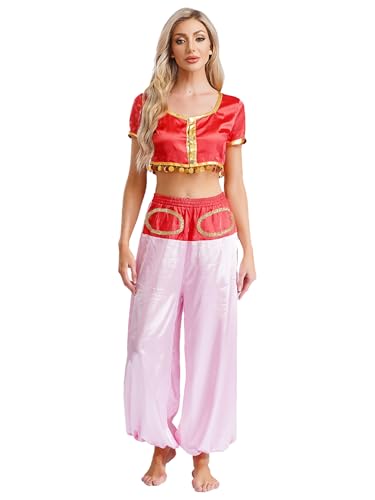 MSemis Damen Arabische Elfenkostüm Crop-Top Elastischer Bund Goldene Borte Pumphose Blockfarben Kostüm Karneval Fasching Rot XXL von MSemis