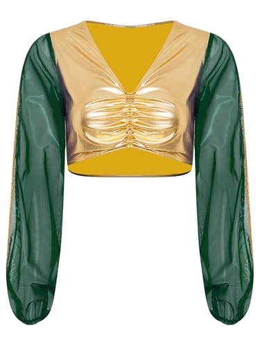 MSemis Damen Arabische Prinzessin Crop Top Glänzend Langarm Tanzshirts V-Ausschnitt Party Bluse Halloween Kostüm Grün XL von MSemis