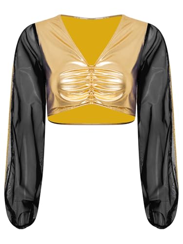 MSemis Damen Arabische Prinzessin Crop Top Glänzend Langarm Tanzshirts V-Ausschnitt Party Bluse Halloween Kostüm Schwarzes Gold XL von MSemis