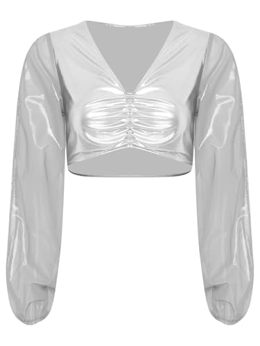 MSemis Damen Arabische Prinzessin Crop Top Glänzend Langarm Tanzshirts V-Ausschnitt Party Bluse Halloween Kostüm Weiß S von MSemis