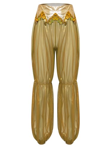 MSemis Damen Arabische Prinzessin Hosen Metallic Glanz Bauchtanz-Haremshose mit Quasten Goldbesatz Party Performance Kostüm Gold S von MSemis