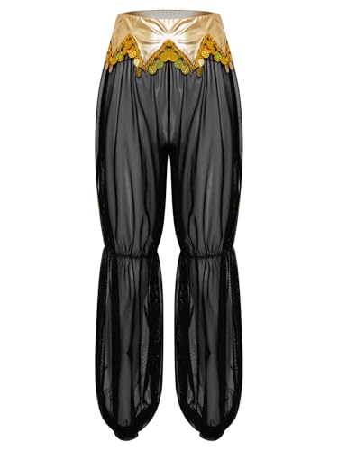 MSemis Damen Arabische Prinzessin Hosen Metallic Glanz Bauchtanz-Haremshose mit Quasten Goldbesatz Party Performance Kostüm Schwarzes Gold XXL MSemis Damen Arabische Prinzessin Hosen Metallic Glanz Bauchtanz-Haremshose mit Quasten Goldbesatz Party Performance Kostüm Schwarzes Gold XXL von MSemis