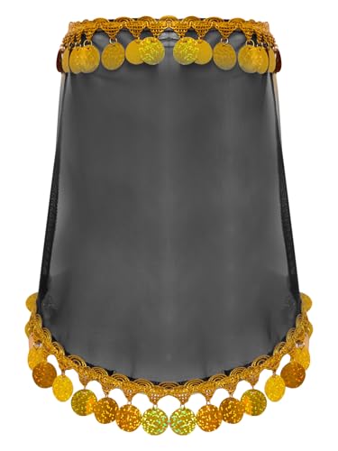 MSemis Damen Arabische Prinzessin Schleier Kostüm Accessoire Goldrand Glitzerfries Metallisch Glänzend Häkelmaske Schwarzes Gold Einheitsgröße von MSemis