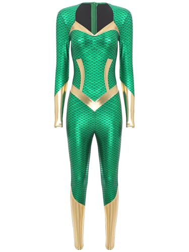 MSemis Damen Atlantis Suits Mermaid Queen Costume Shiny Metallic Fish Scale Print Long Sleeve Zentai Bodysuit für Themed Party Halloween Rave Badeanzug von MSemis