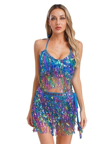 MSemis Damen Bauchtanz Kostüm Quaste Halter BH Tops mit Hüftschal Set Pailletten Belly Dance Outfit Indian Tanzkleidung Blau Einheitsgröße MSemis Damen Bauchtanz Kostüm Quaste Halter BH Tops mit Hüftschal Set Pailletten Belly Dance Outfit Indian Tanzkleidung Blau Einheitsgröße von MSemis