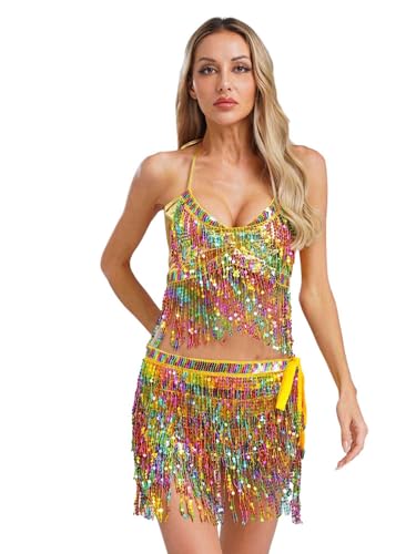 MSemis Damen Bauchtanz Kostüm Quaste Halter BH Tops mit Hüftschal Set Pailletten Belly Dance Outfit Indian Tanzkleidung Gold Einheitsgröße MSemis Damen Bauchtanz Kostüm Quaste Halter BH Tops mit Hüftschal Set Pailletten Belly Dance Outfit Indian Tanzkleidung Gold Einheitsgröße von MSemis