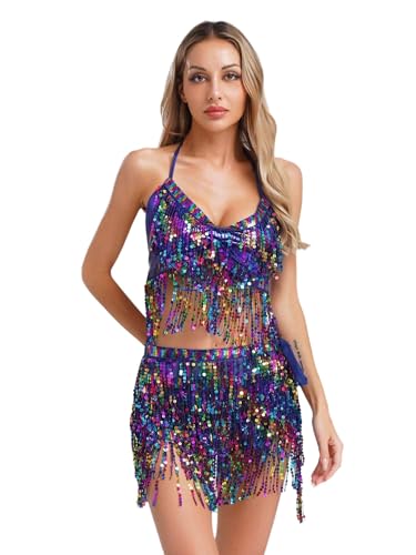 MSemis Damen Bauchtanz Kostüm Quaste Halter BH Tops mit Hüftschal Set Pailletten Belly Dance Outfit Indian Tanzkleidung Königsblau Einheitsgröße MSemis Damen Bauchtanz Kostüm Quaste Halter BH Tops mit Hüftschal Set Pailletten Belly Dance Outfit Indian Tanzkleidung Königsblau Einheitsgröße von MSemis
