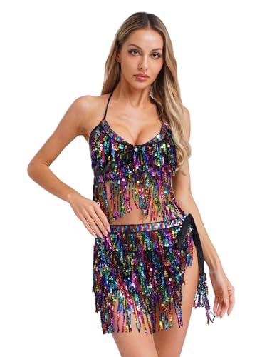 MSemis Damen Bauchtanz Kostüm Quaste Halter BH Tops mit Hüftschal Set Pailletten Belly Dance Outfit Indian Tanzkleidung Schwarz Einheitsgröße MSemis Damen Bauchtanz Kostüm Quaste Halter BH Tops mit Hüftschal Set Pailletten Belly Dance Outfit Indian Tanzkleidung Schwarz Einheitsgröße von MSemis