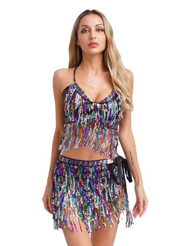 MSemis Damen Bauchtanz Kostüm Quaste Halter BH Tops mit Hüftschal Set Pailletten Belly Dance Outfit Indian Tanzkleidung Schwarz-Weiss Einheitsgröße MSemis Damen Bauchtanz Kostüm Quaste Halter BH Tops mit Hüftschal Set Pailletten Belly Dance Outfit Indian Tanzkleidung Schwarz-Weiss Einheitsgröße von MSemis