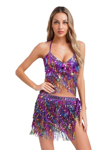 MSemis Damen Bauchtanz Kostüm Quaste Halter BH Tops mit Hüftschal Set Pailletten Belly Dance Outfit Indian Tanzkleidung Violett Einheitsgröße MSemis Damen Bauchtanz Kostüm Quaste Halter BH Tops mit Hüftschal Set Pailletten Belly Dance Outfit Indian Tanzkleidung Violett Einheitsgröße von MSemis