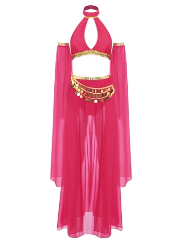 MSemis Damen Bauchtanz Kostüm Set Neckholder Crop Top + Chiffon Rock und abnehmbare Ärmel Tanzanzug Kostüm Hot Pink L von MSemis