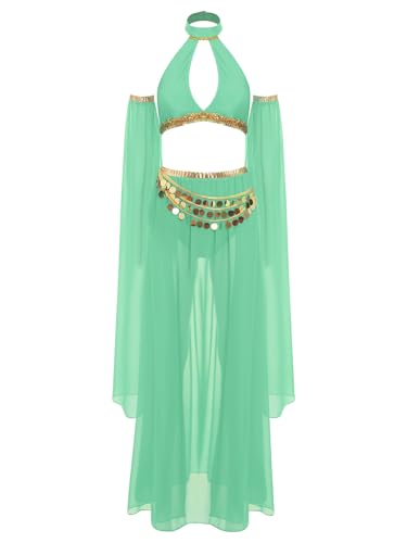 MSemis Damen Bauchtanz Kostüm Set Neckholder Crop Top + Chiffon Rock und abnehmbare Ärmel Tanzanzug Kostüm Minzgrün S MSemis Damen Bauchtanz Kostüm Set Neckholder Crop Top + Chiffon Rock und abnehmbare Ärmel Tanzanzug Kostüm Minzgrün S von MSemis